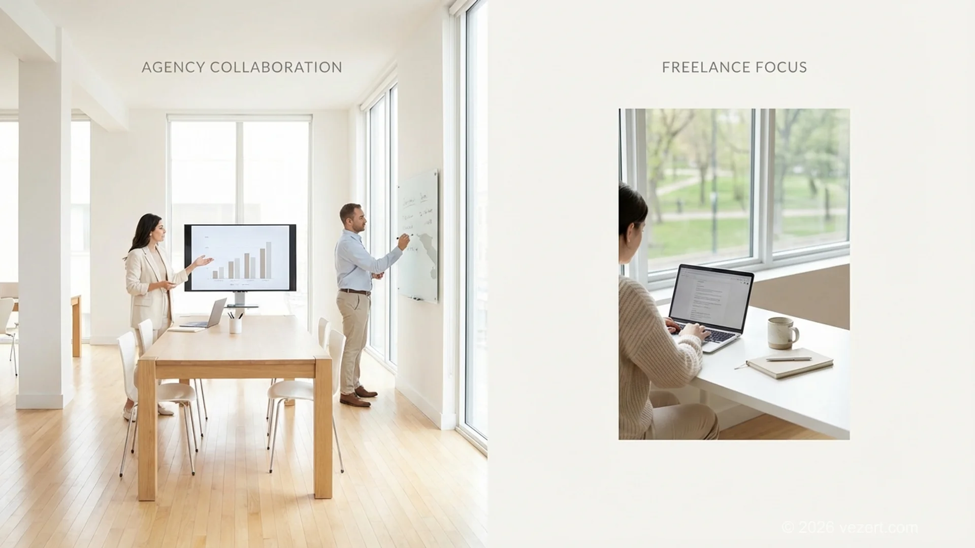 Team van een webdesignbureau aan een gedeelde tafel naast een freelancer alleen aan een bureau, de eerste keuze als je bepaalt wie je website bouwt