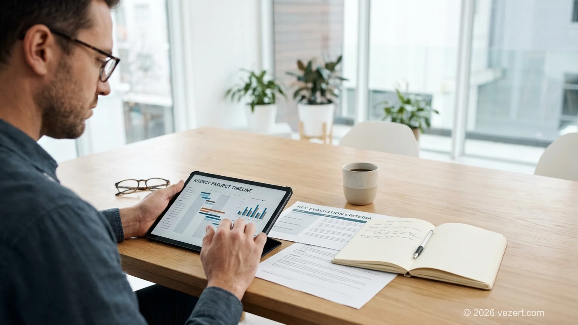 Ondernemer die voorstellen van webdesignbureaus scoort met een selectiechecklist op een tablet